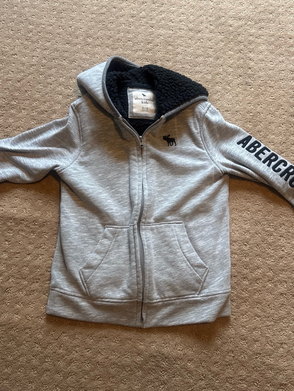 abercrombie kids Light Gray Zip Hoodie with Black Sherpa Hood